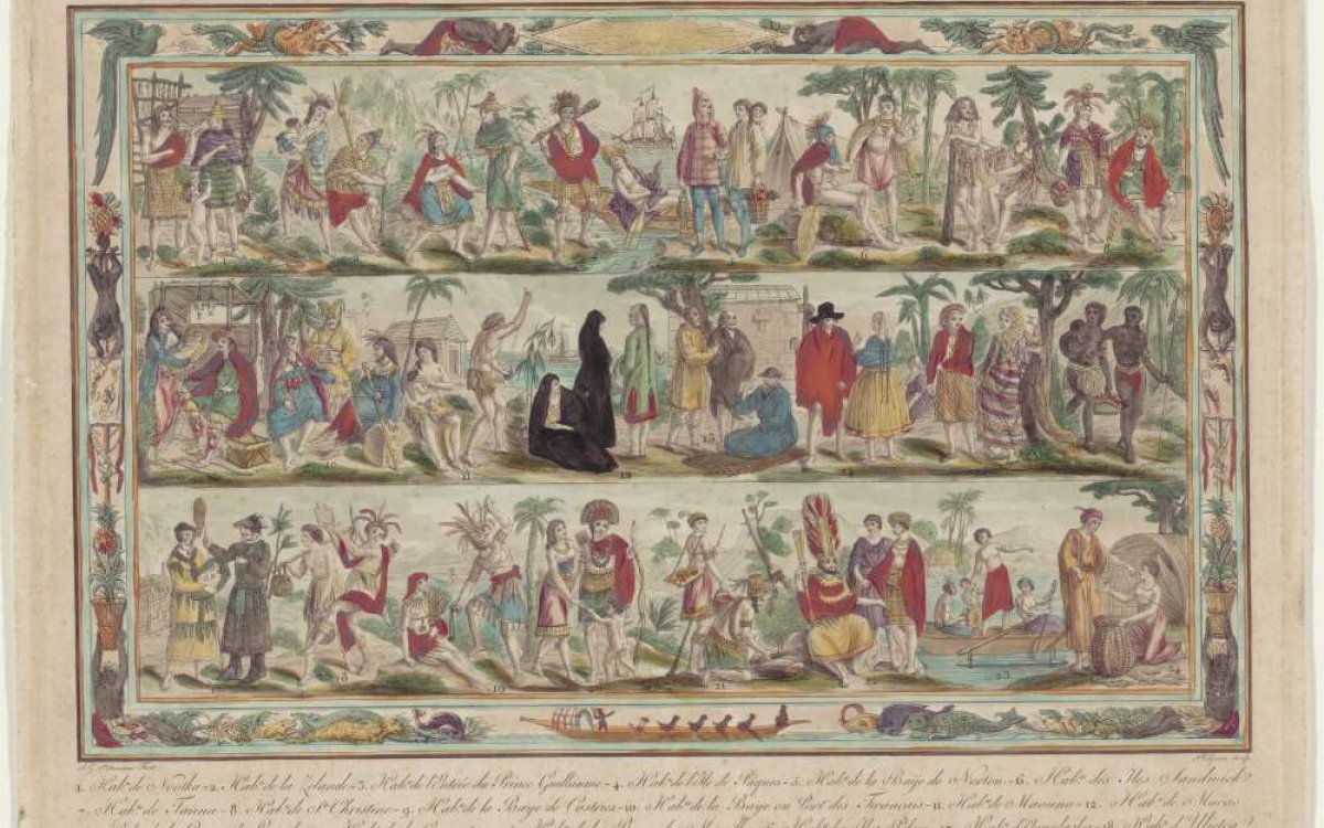 painting of many indigenous people interacting with Cook