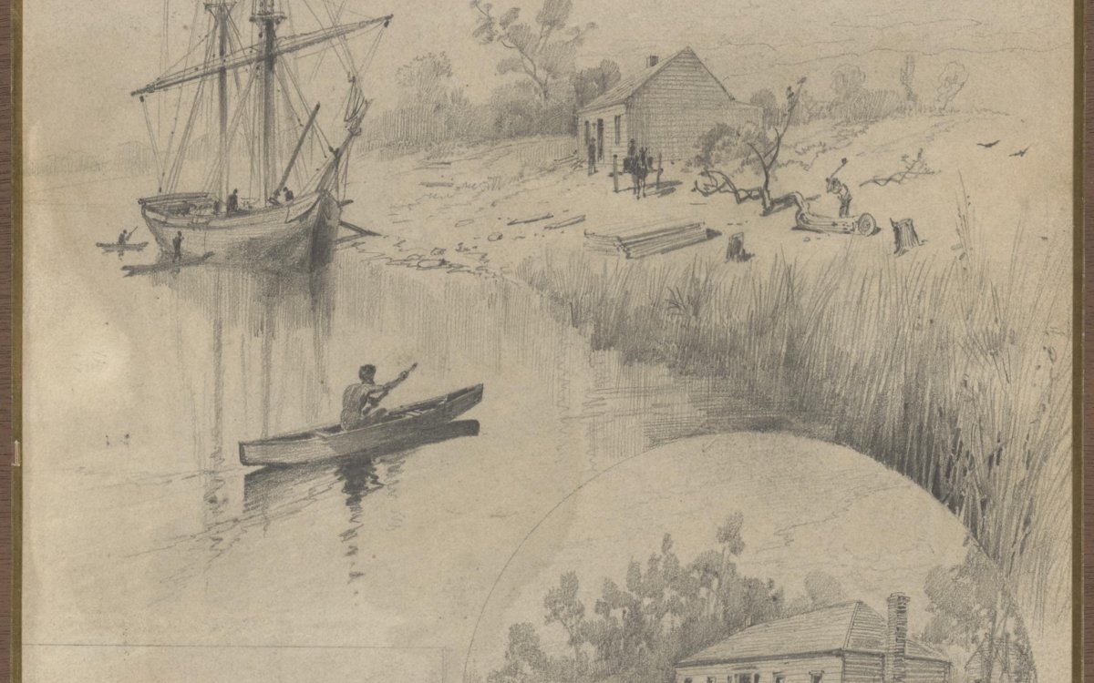 sketch of house beside river with boats
