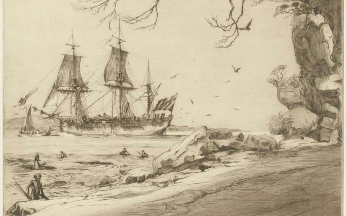 etching of the Endeavour in  Botany Bay