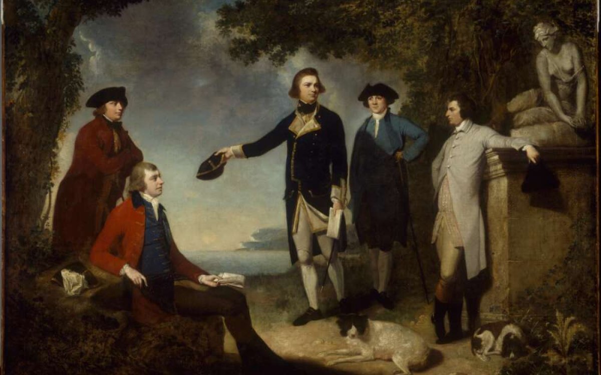 Thought to be from left to right: Dr Daniel Solander, Sir Joseph Banks, Captain James Cook, Dr John Hawkesworth, Lord Sandwich.