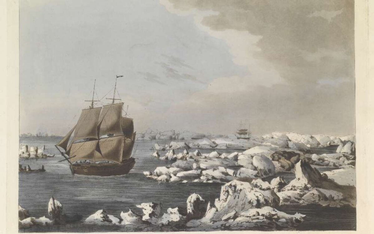 painting of a ship amongst ice