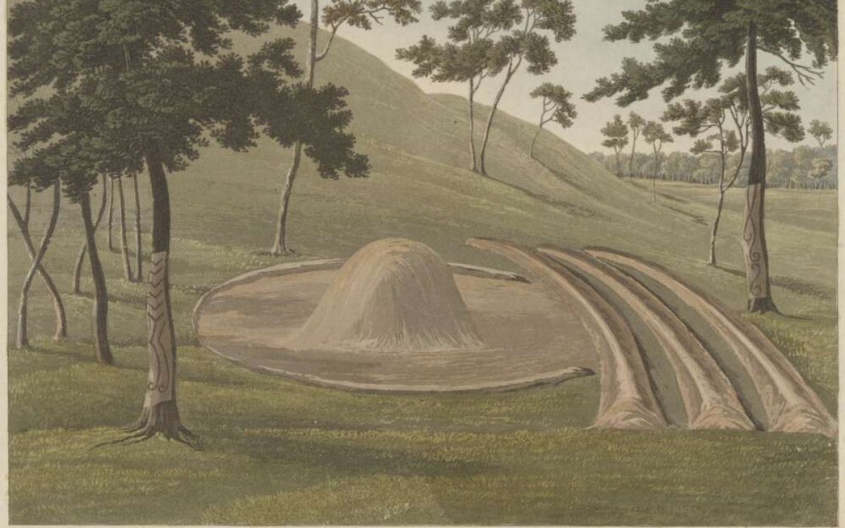 A colour drawing of an Aboriginal Australian burial mound set in rolling green Hills with several trees around it. The mound has 3  long curved  furrows to one side  of the mound which is set in a circle pf dirt.