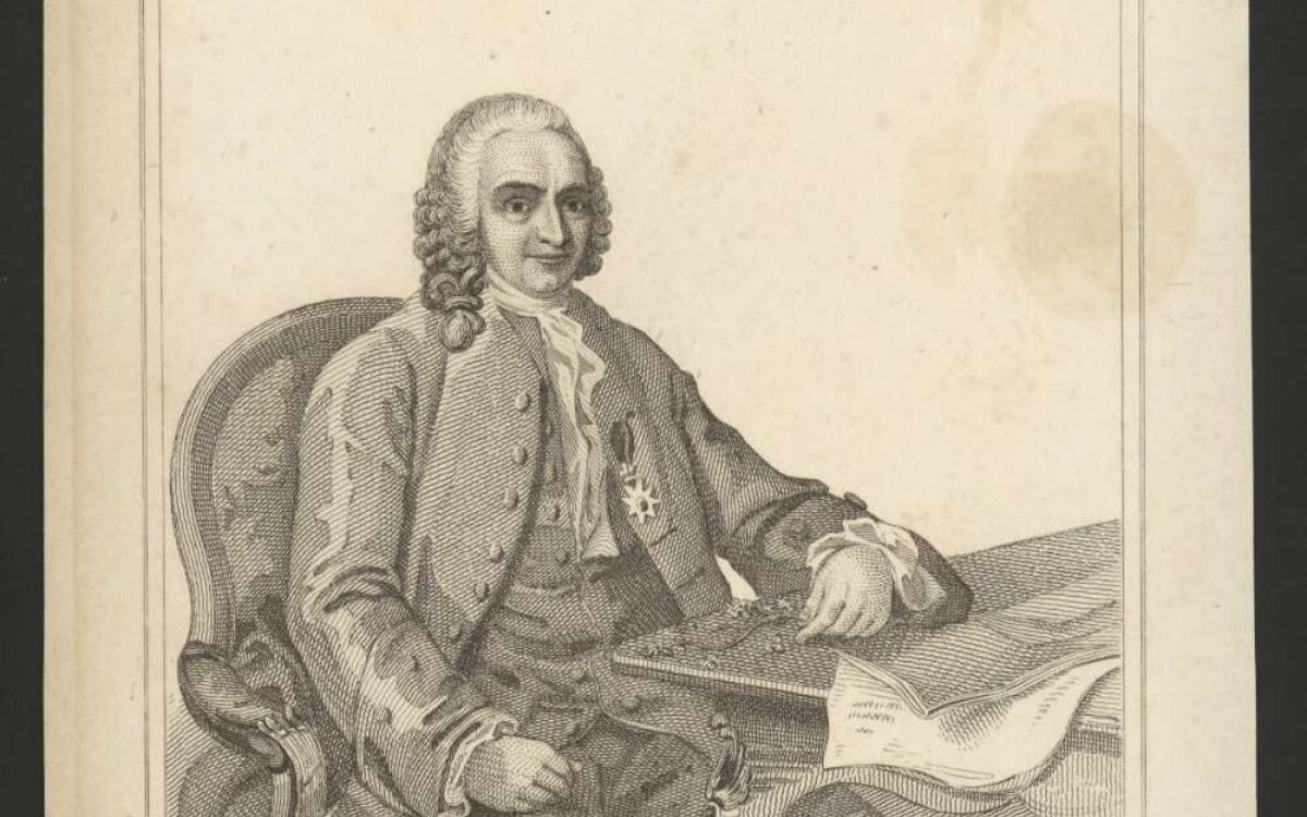 etching of a man with papers sitting at an ornate table