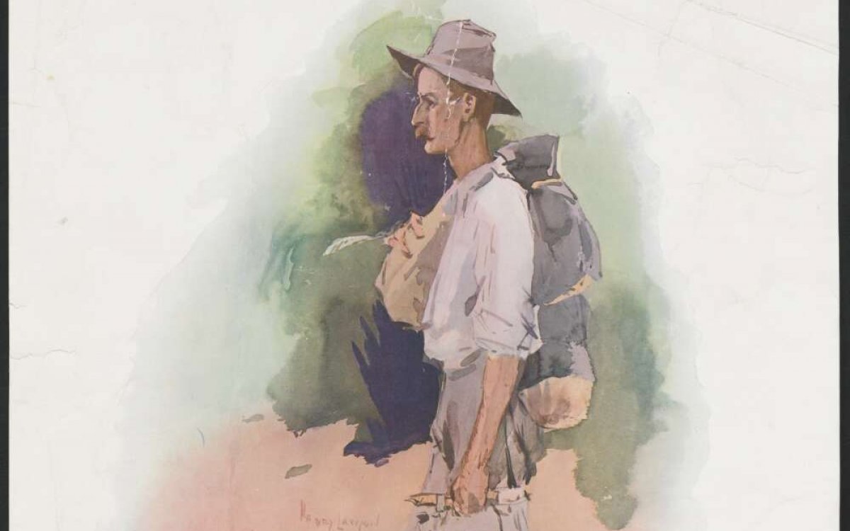 colour painting of man with pack and billy can