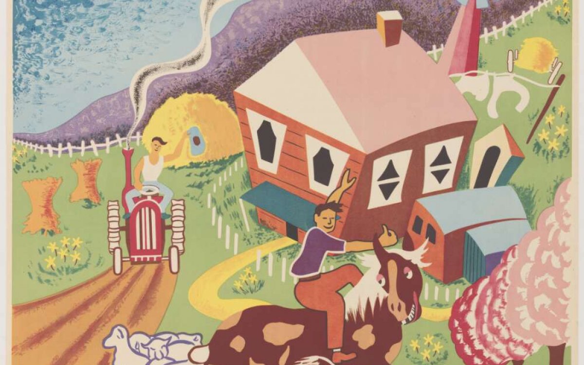 Artwork depicting an Australian farm with sheep, horse, tractor, haystacks, windmill and house in a cartoon style featuring European colours promoting an idealised life on an Australian farm.