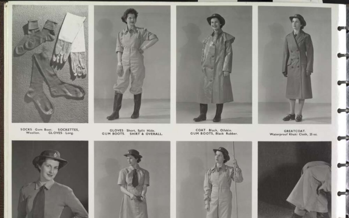 A series of black and white photographs. THere are 8 photographs each of a woman posing in a range of different uniforms relating to work on the home front.