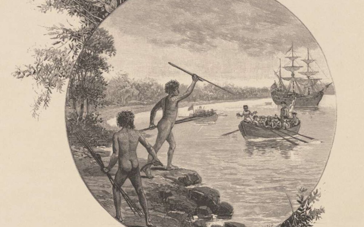 lithograph of two indigenous men on the rocky sure gesturing with spears at group of men in a row boat