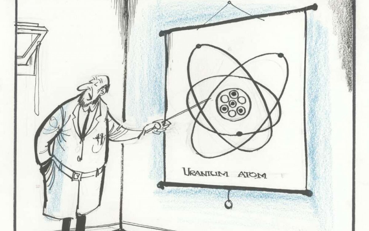 cartoon of a man gesturing to a diagram of the uranium atom