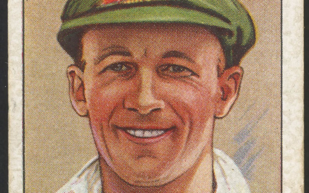 IMage of an old Player's Cigarettes card showing a pastel drawing of Donald Bradman