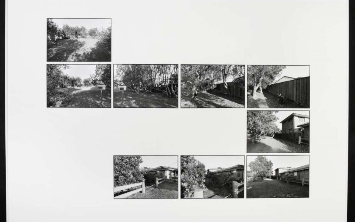 A collage of 9 black and white photos showing the back and front yards, and suburban house with trees , paling fence, letterbox and low post and rail fencing.