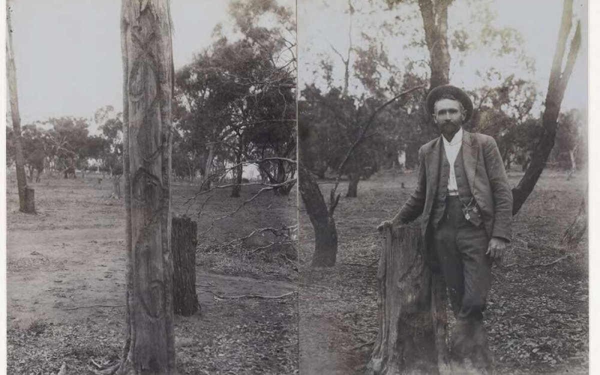 Two black and white photos joined together, the left showing a tree with an indigenous carving , the right showing a bearded man in a hat leaning on a stump of a tree that has the lower part of an indigenous carving.