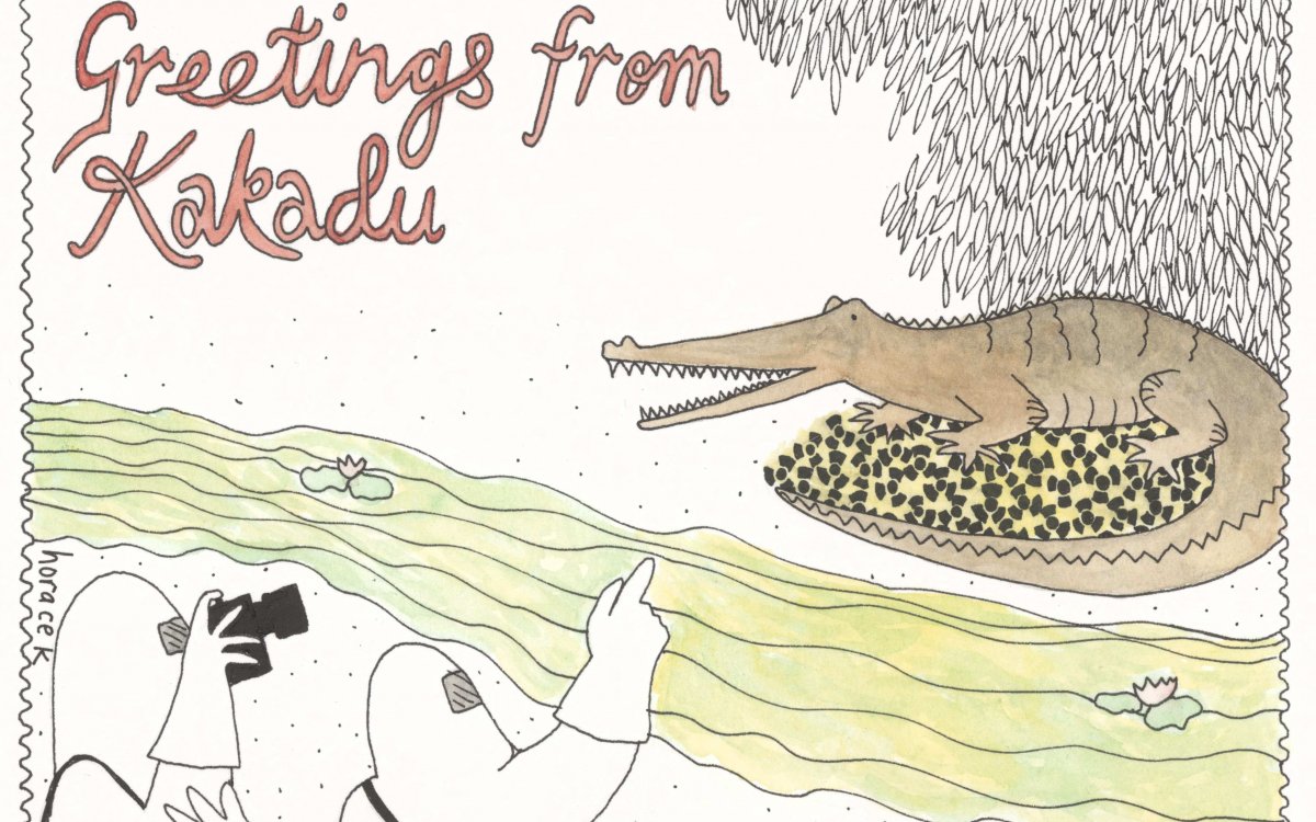 A cartoon designed as a postcard Titled 'Greetings from Kakadu, Nature's wonderland' with a crocodile nesting on what looks like radioactive coal next to a river of yellow/green water. Two people in hazmat suits , one with a camera bag taking a photo, the other with a floral hand bag pointing at the crocodile.