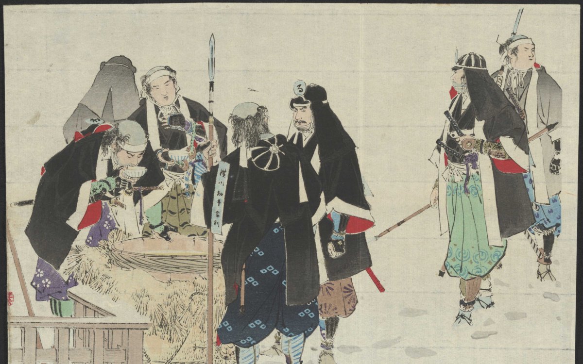 Japanese print of men gathered around a large cauldron