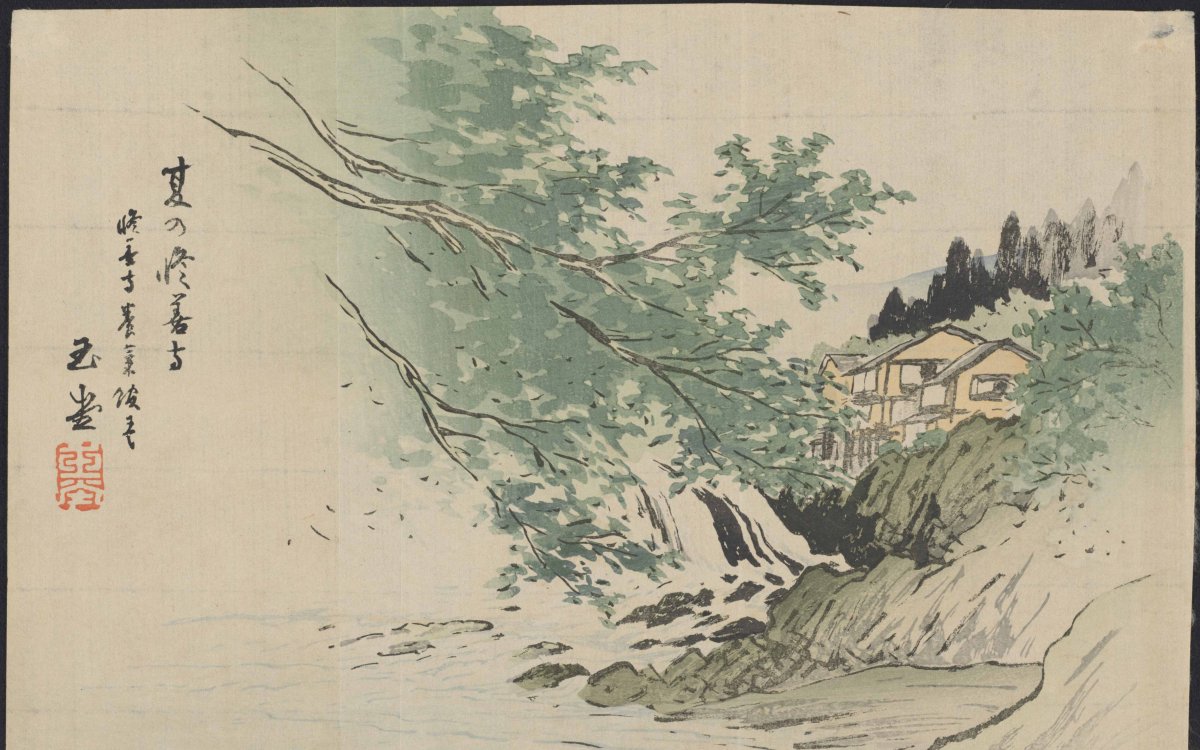 Japanese print of home on cliff side over rocky shore