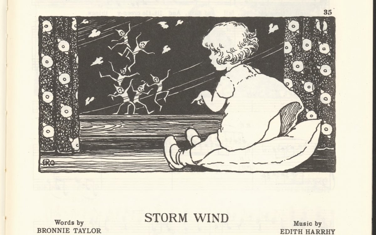 Sheet music featuring an illustration of a child looking out an open window