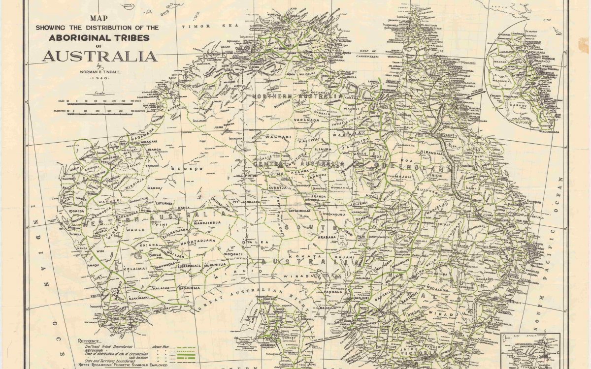 An old map of Australia showing the distribution of Aboriginal tribes across the country.