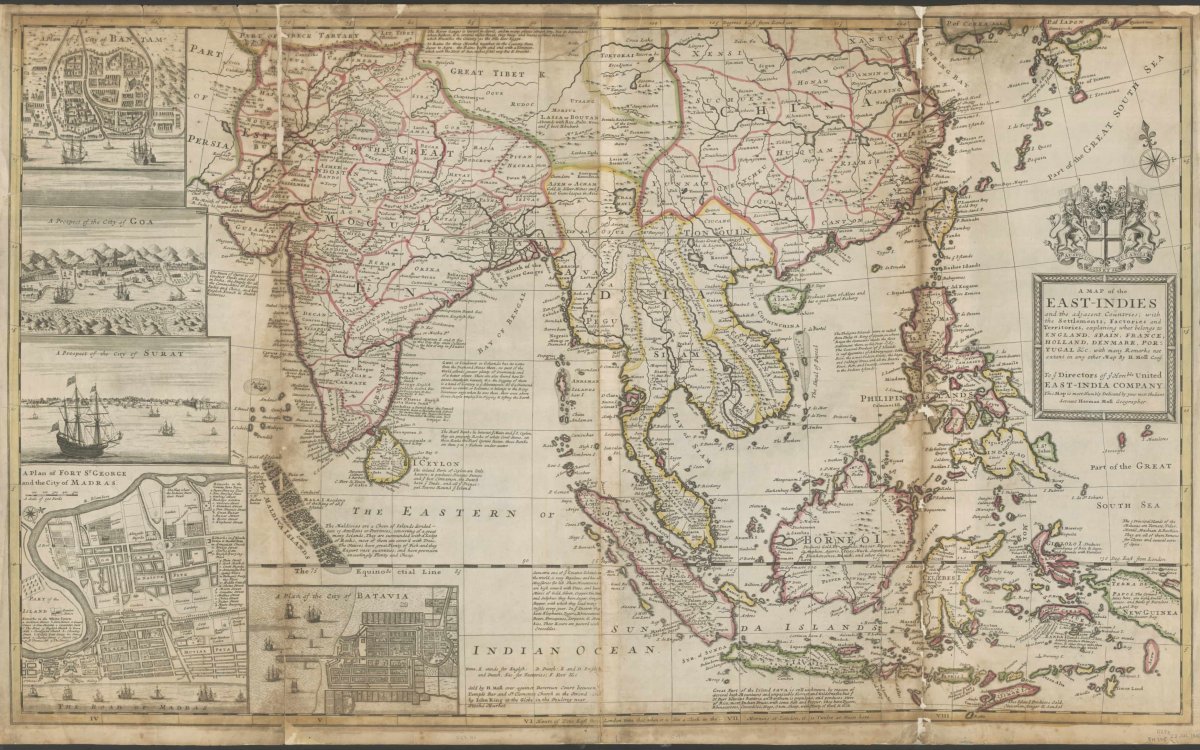 A map of southern Asia which details the early development of the English East India Company.
