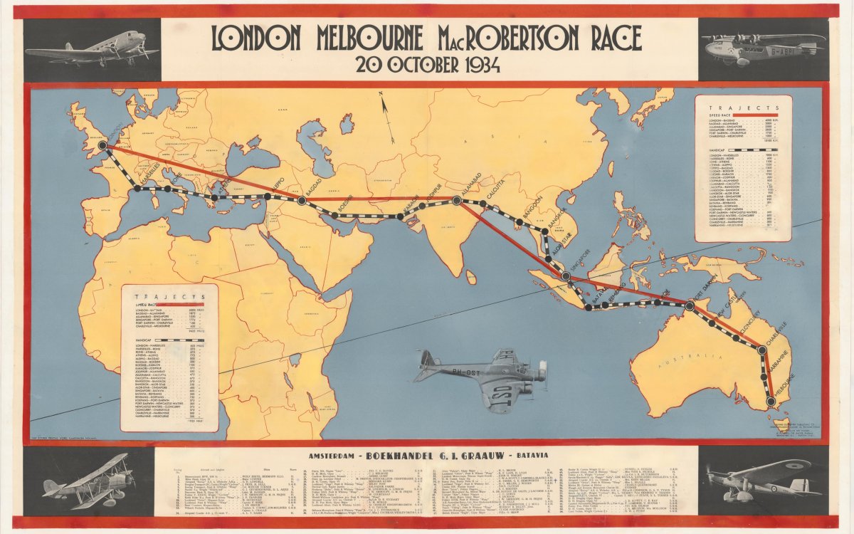 Map showing the flight paths of the London to Melbourne MacRobertson Race, 20 October 1934. Two flight paths, indicated by red and black and white lines, are drawn from London to Melbourne, across Europe, the Middle East and Asia.