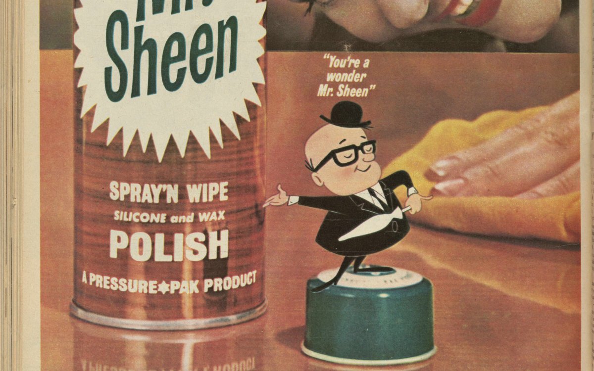 mr sheen ad, tiny man in hat on can of mr sheen