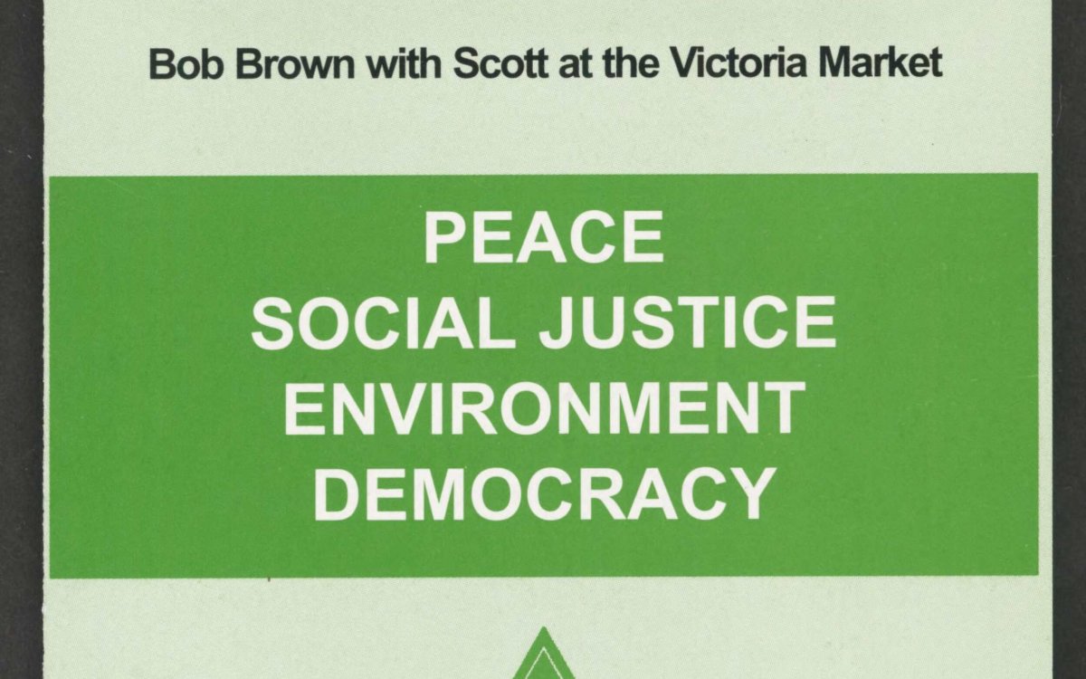 A photo of a green coloured 'Greens Vote 1' card for the senate, showing a photo of Bob Brown and Scott Kinnear.