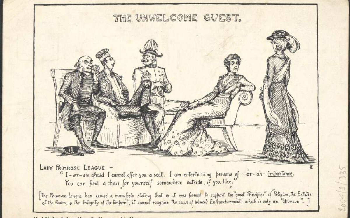 A cartoon depicting a group of people sitting around a table. A woman is standing. The group are looking distainfully at the woman. The title reads "The Unwelcome Guest". 