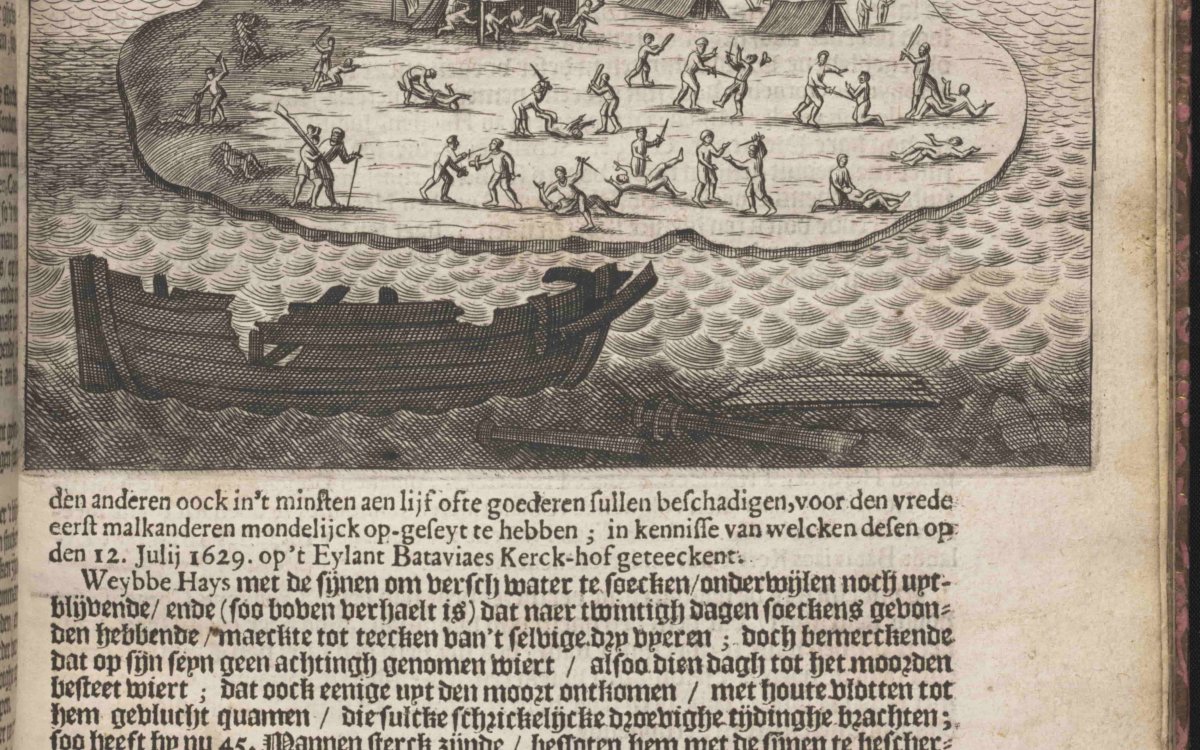 An image from an old Dutch book showing some text with a pen drawing above the text of several tents on an island and many people fighting with each other .