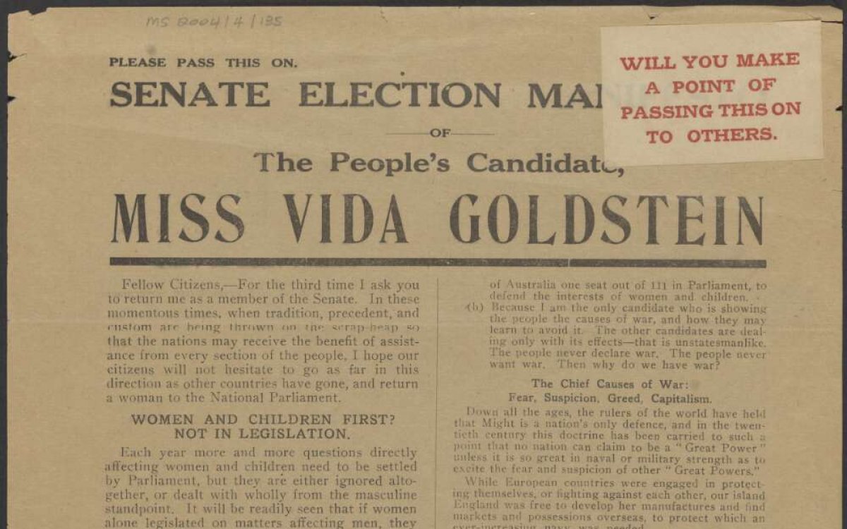 The front page of a newsletter. The title reads "SENATE ELECTION MA...." the rest is obscsured by a sticker. The sub heading reads "THE PEOPLE'S CANDIDATE MISS VIDA GOLDSTEIN"
