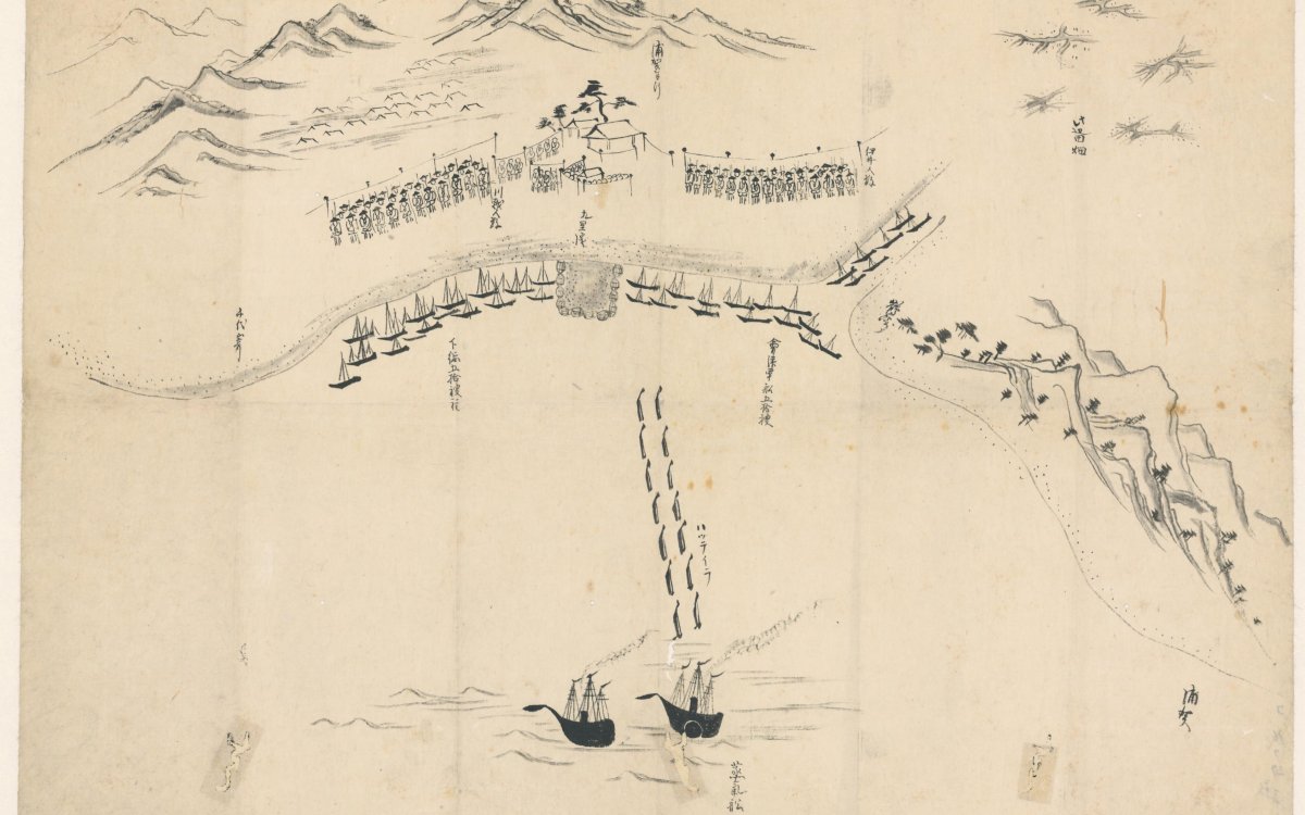 A pencil drawing of 2 large ships heading toward a bay where tens of smaller fishing boats are moored, some structures on the land with mountains behind.