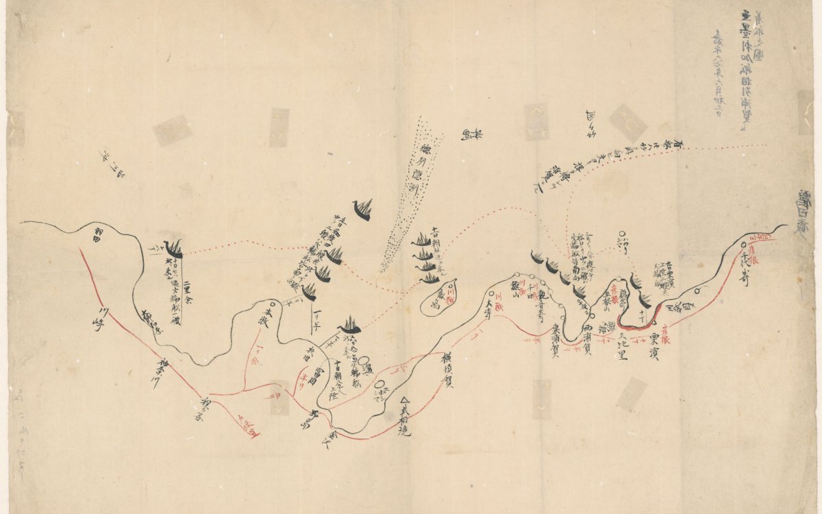 A pen drawing of a map with japanese writing and several ships.