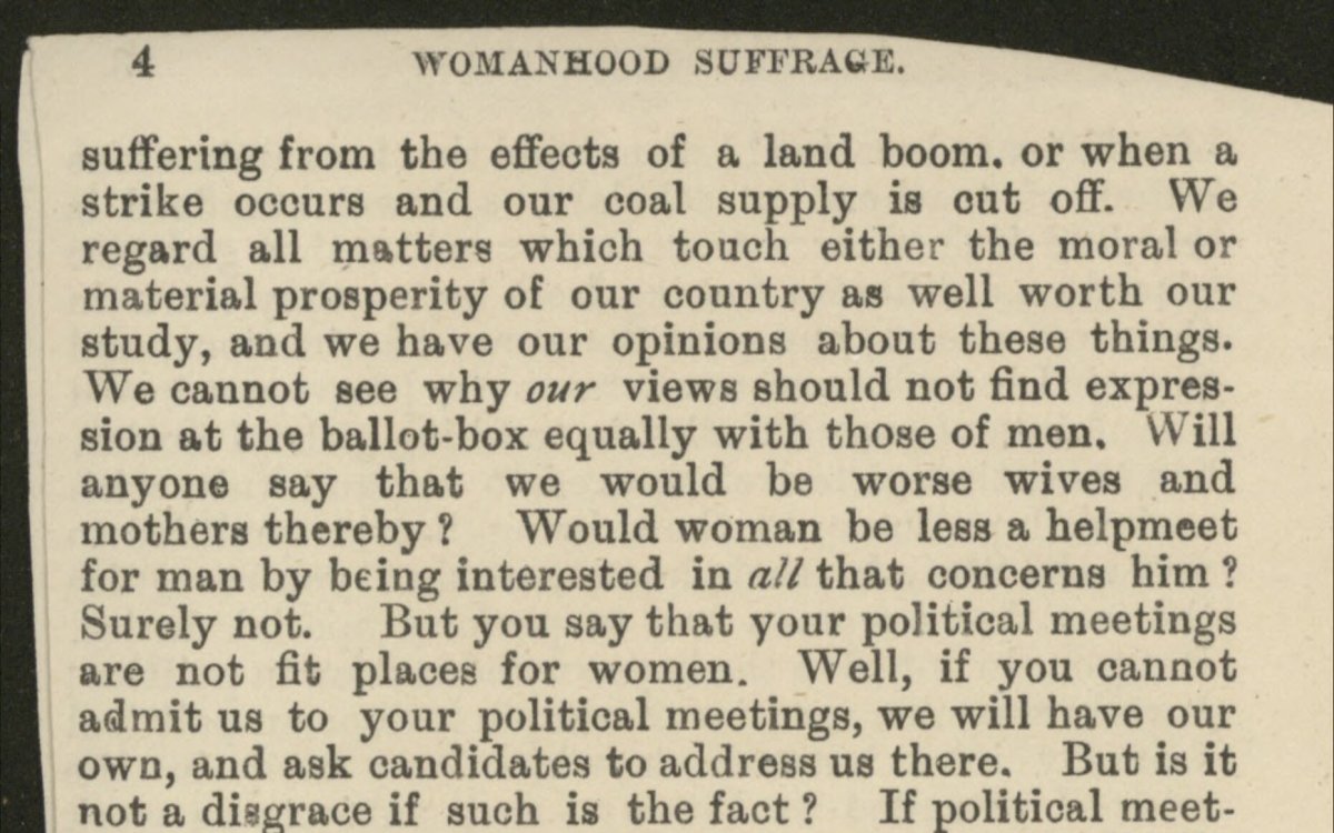 An excerpt from a pamphlet with the title WOMANHOOD SUFFRAGE