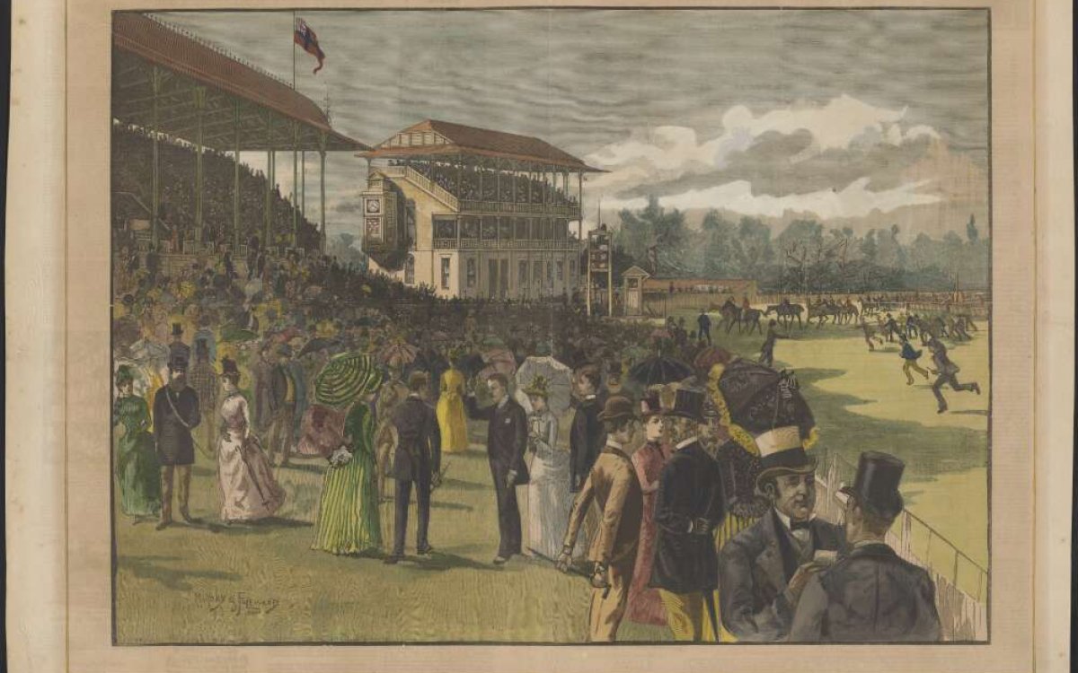 colour illustration of crowd at the races