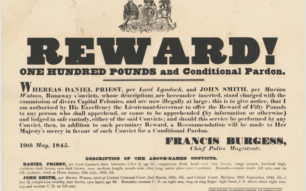 Wanted poster for Daniel Priest and John Smith, runaway convicts