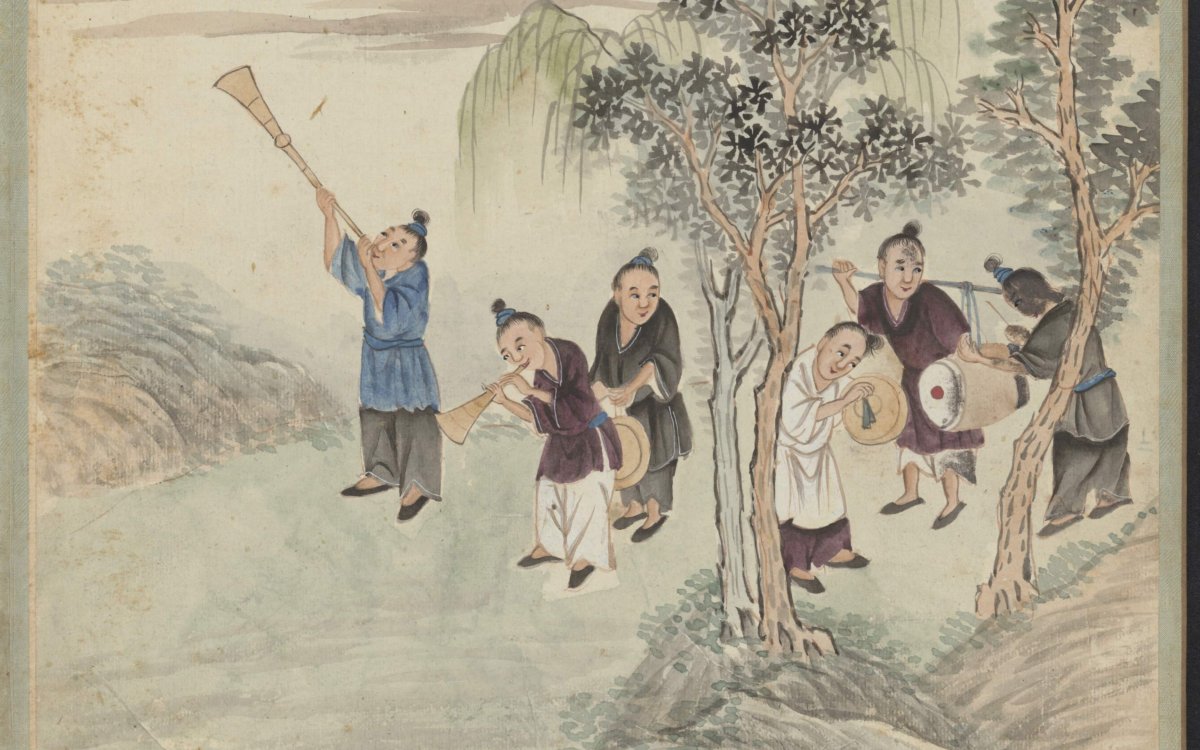 illustration of band playing under tress by a stream