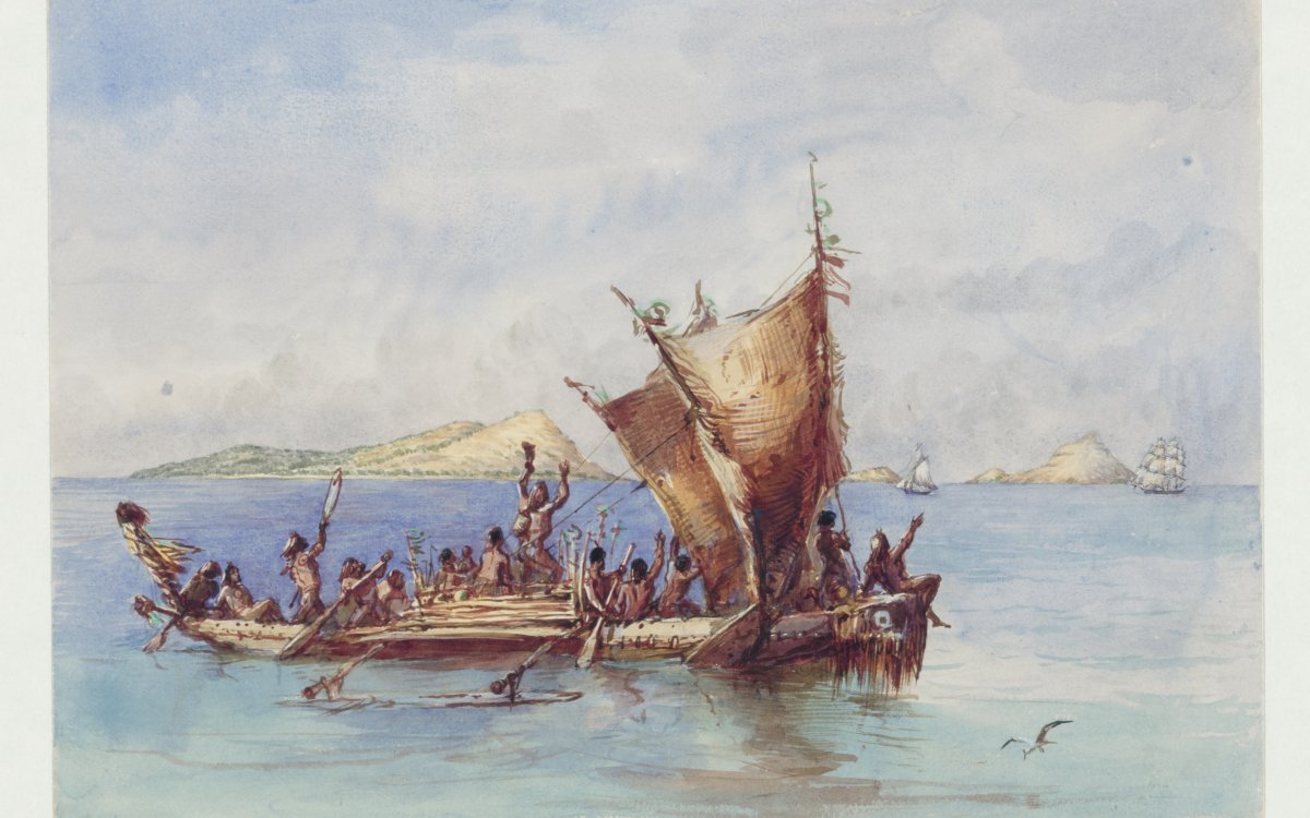 watercolour of a native canoe meeting strangers off the Murray Islands
