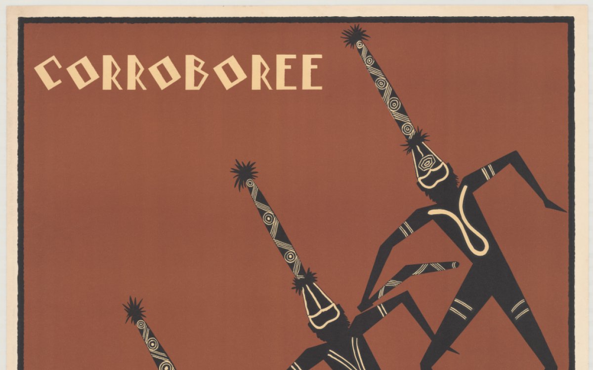 Poster promoting Australia as a tourist destination, featuring four male black stick figure Aboriginal dancers arranged diagonally across an ochre background with a black border. The men, in an identical ceremonial dance pose but with different body decoration markings, are all holding boomerangs and wearing long ceremonial headdresses with tassels at both the base and tip.
