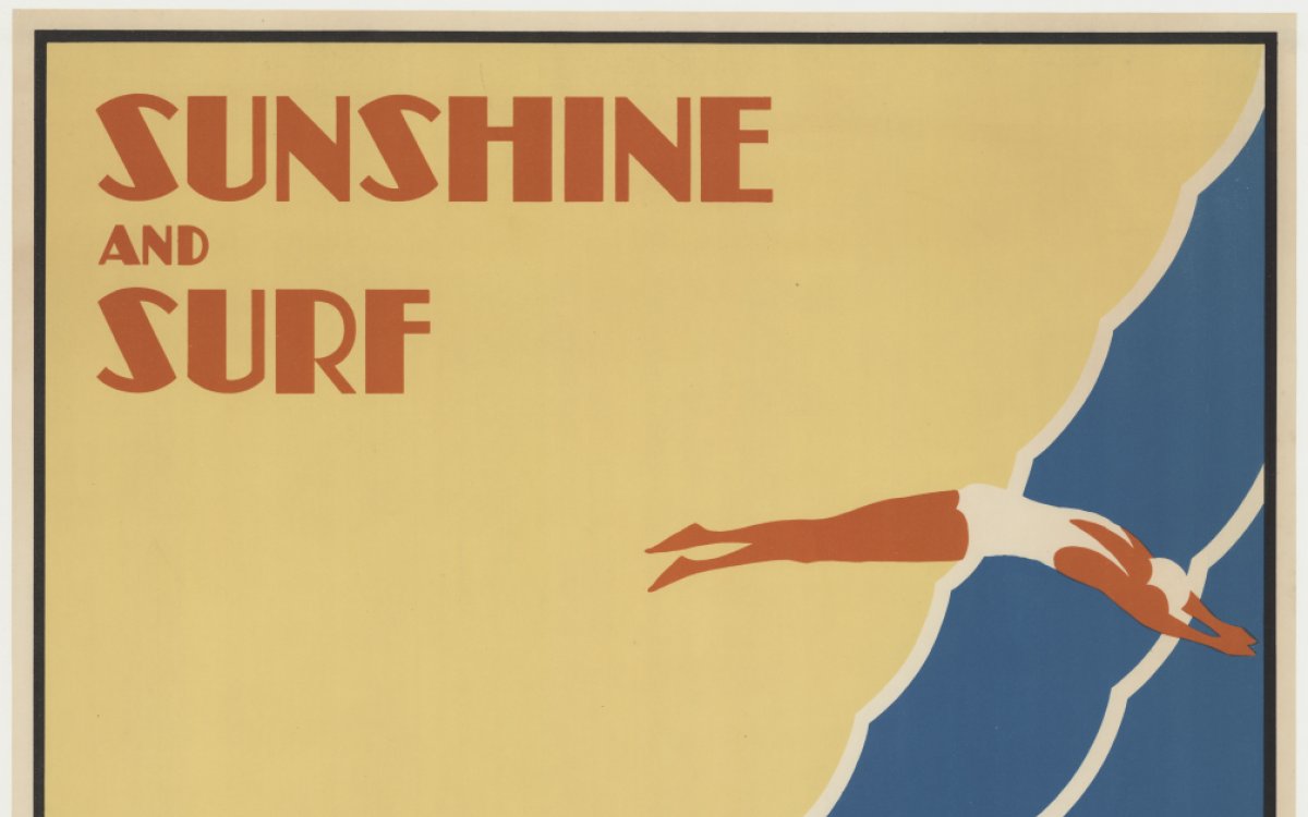 blue, yellow, and red poster advertising the beach