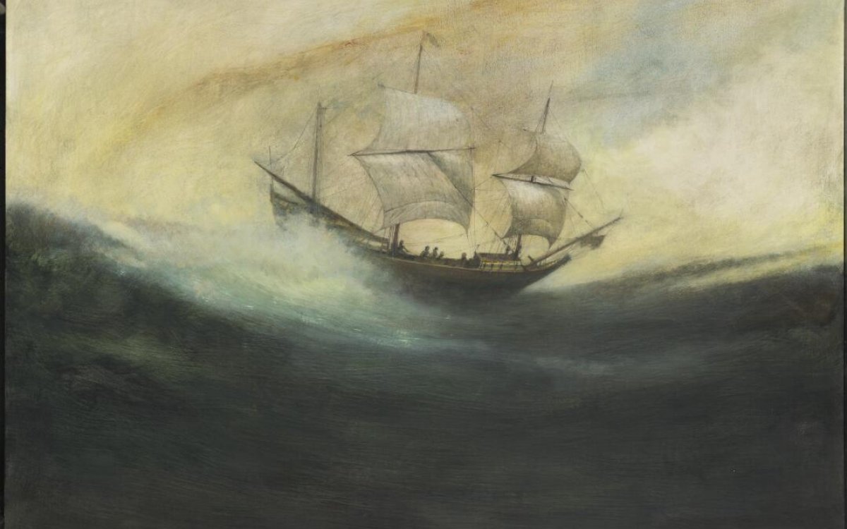 An oil painting of a 3 mast ship in stormy dark seas.