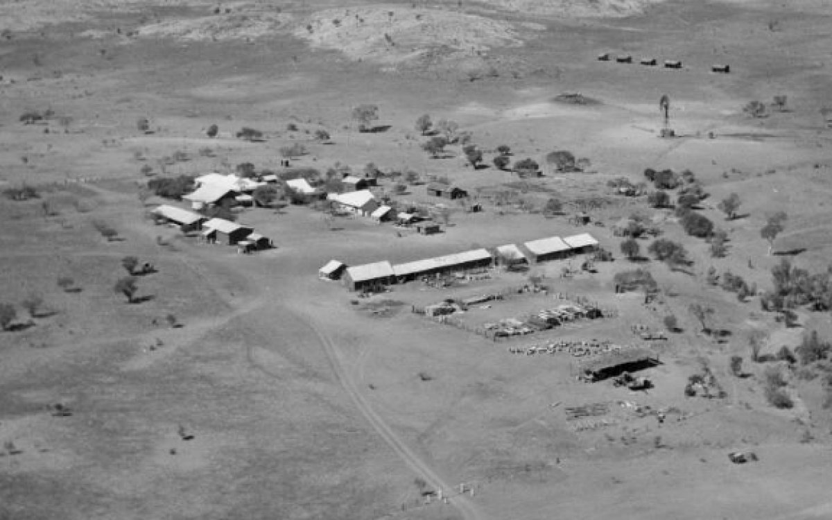 Aerial photograph showing station houses and sheds