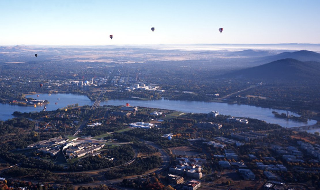 Aerial panorama of Canberra, including Parliament House