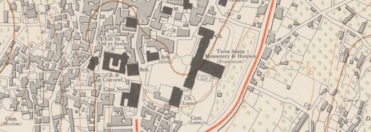 Close up of map showing buildings, roads and vegetation