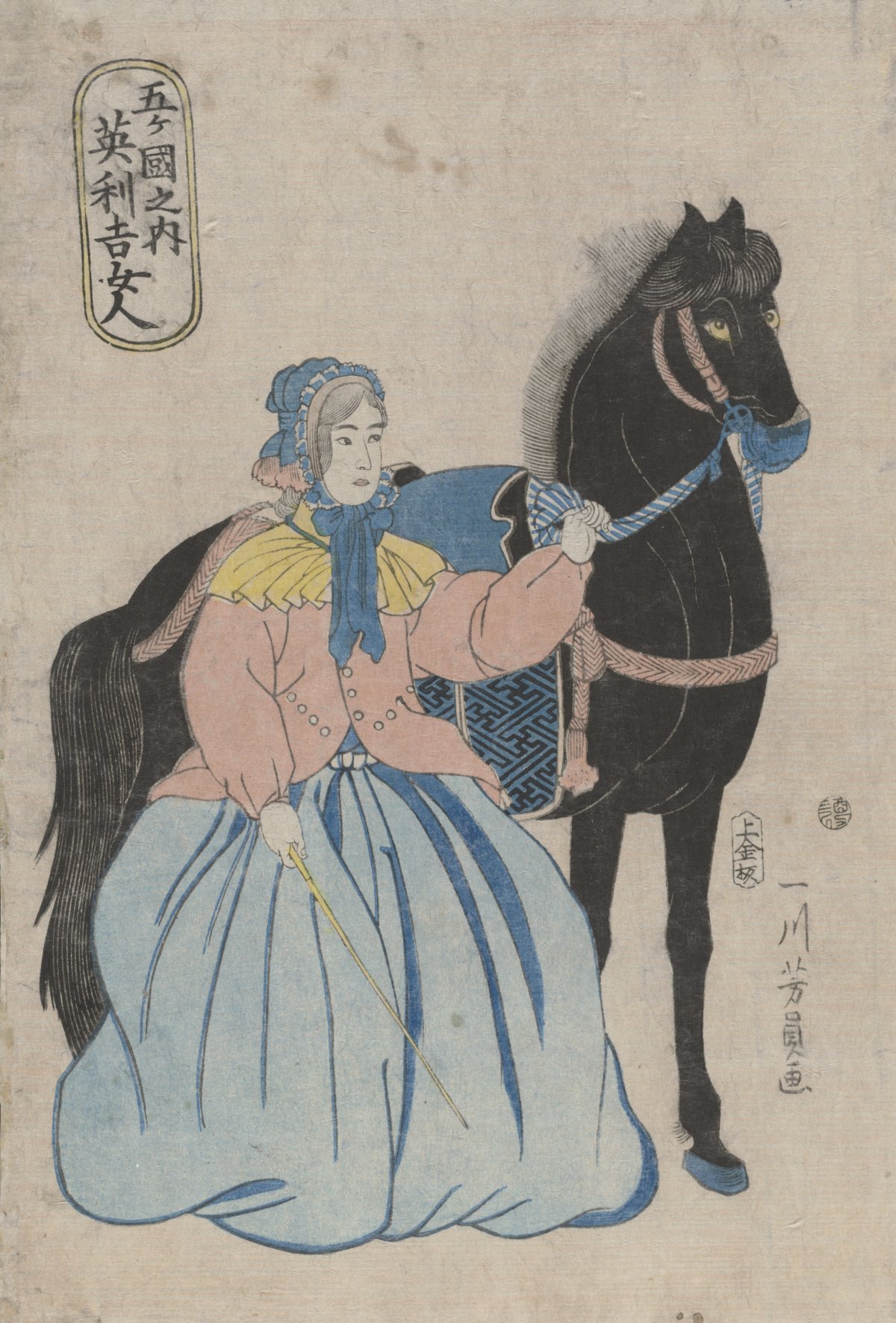 Japanese woodblock print shows a western woman holding the reins of a horse.