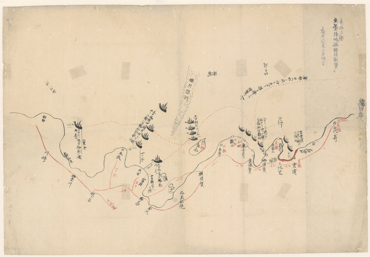 Manuscript map from Black ship scrolls showing two steam ships in the centre. 50 ships of Aizu Province and 50 ships of Shimōsa Province are at Kurihama, waiting for the arrival of USA delegates. Soldiers from Kawagoe and Ii Provinces are on the land, next to Uraga Bugyō local government officers, guarding. Relief shown pictorially.
