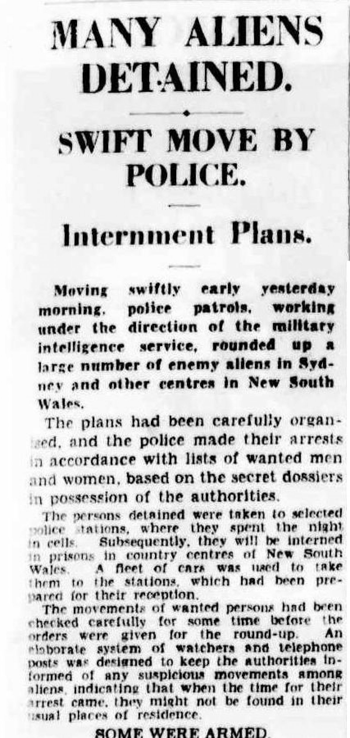 A newspaper article with the headline "Many aliens detained"