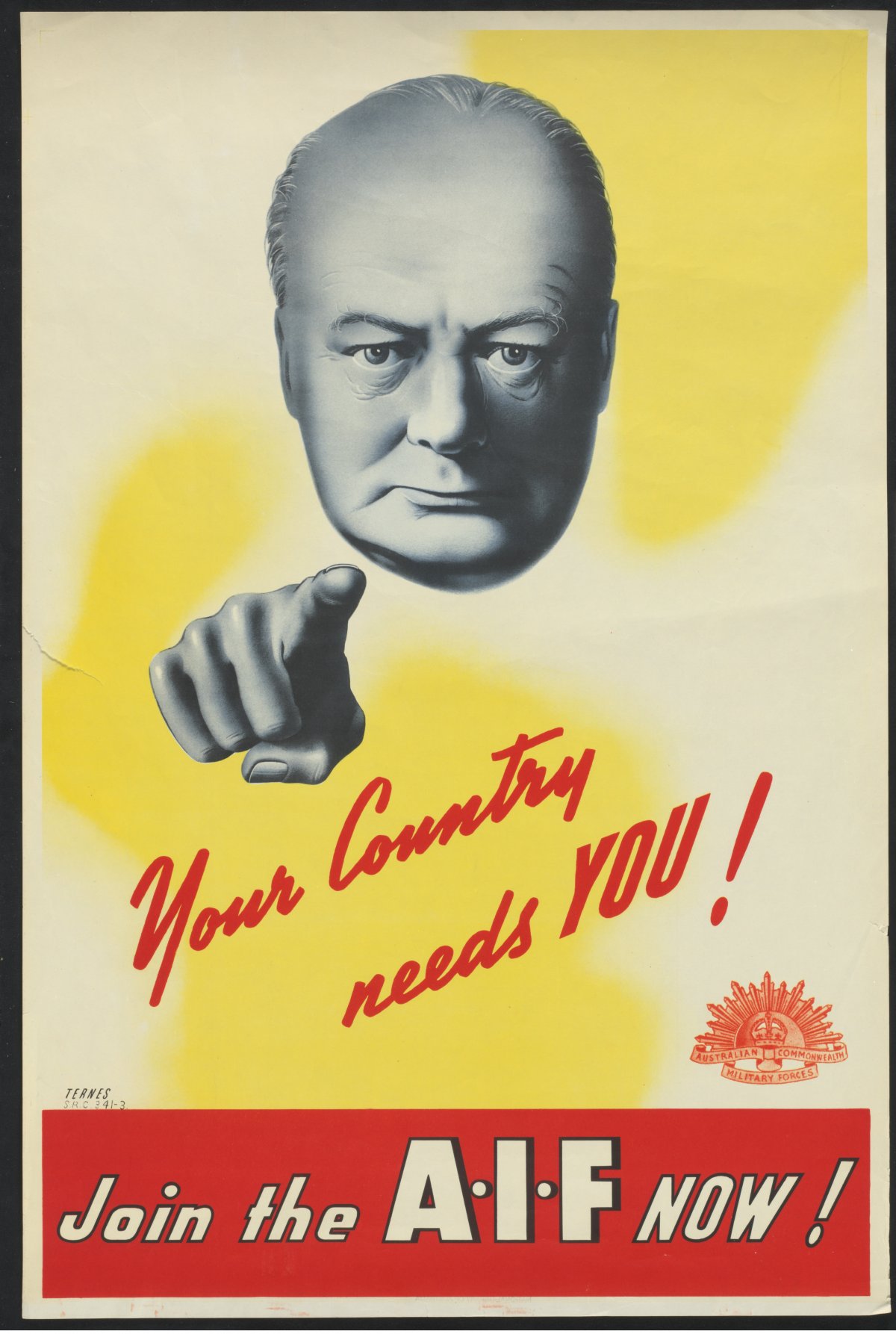 A wartime recruitment poster. In the upper middle of the poster is the head of Prime Minister Winston Churchill. He is staring directly at the viewer with a stern expression. Below him to the left is his detached hand with his index finger pointing directly at the viewer. Both head and hand are stylised in black and white. They float on a background of white and yellow swirls. Underneath the hand in red script are the words "Your Country needs YOU" beneath that, a red banner reading "Join the AIF now! 