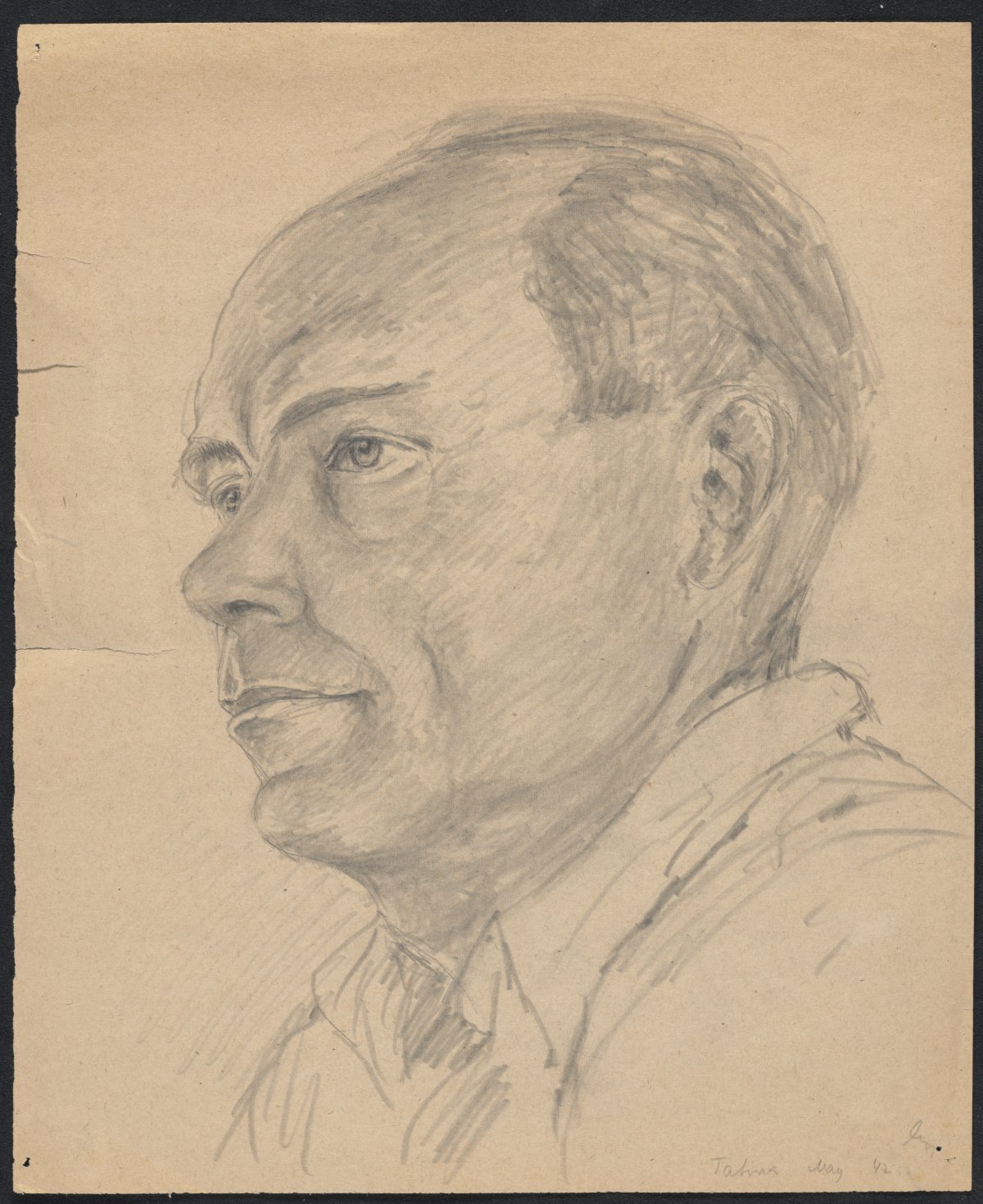 A charcoal on paper sketch of a late middle-aged man. He has a receding hairline and short hair around his temples. He is wearing a white collared shirt with the collar unbuttoned. He is in profile and staring off to the left of the page. 