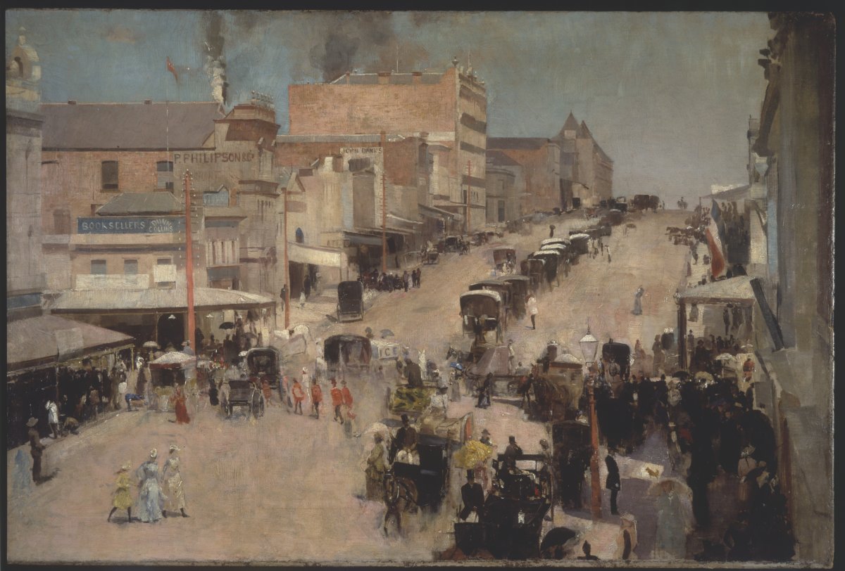 A streetscape painting showing Bourke Street, Melbourne in 1890. The image is a perspective view with Victorian era buildings lining the screens. A line of horsedrawn carriages fill the street. There are people in Victorian era dress walking along the footopaths and crossing the street.