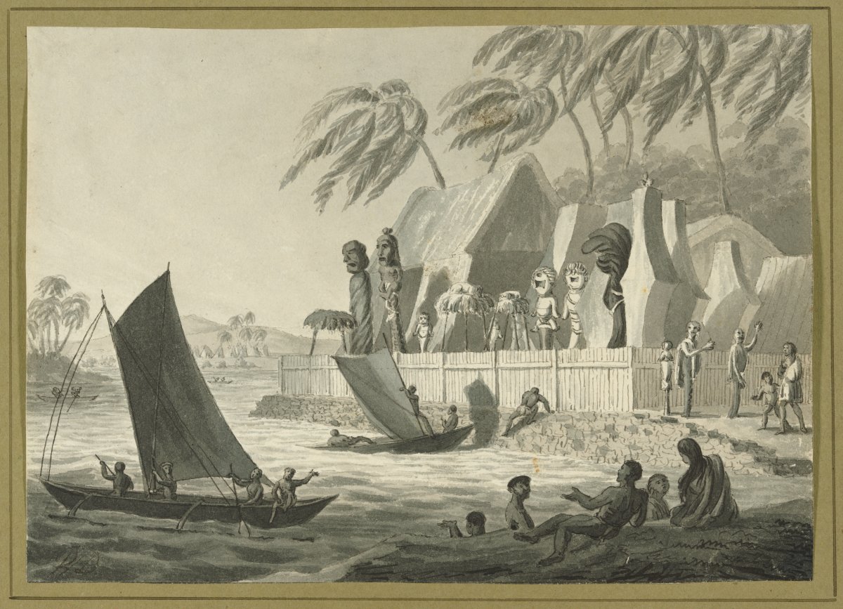 A large ceremonial structure sits on the shores of a lake or ocean. It is surrounded by people. In the foreground are two sailing canoes. In the background are palm trees, seemingly blown by a strong wind. Inside the fence of the ceremonial site are large carved states and a large thatched roof building