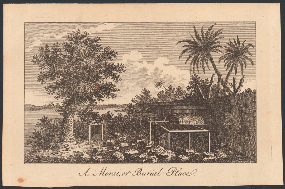 A perspective drawing of a ceremonial compound. Within the courtyard are two structures, one has a thatched roof. There are large rocks littering the ground. The compound is on the shore of a body of water. It is surrounded by large trees.