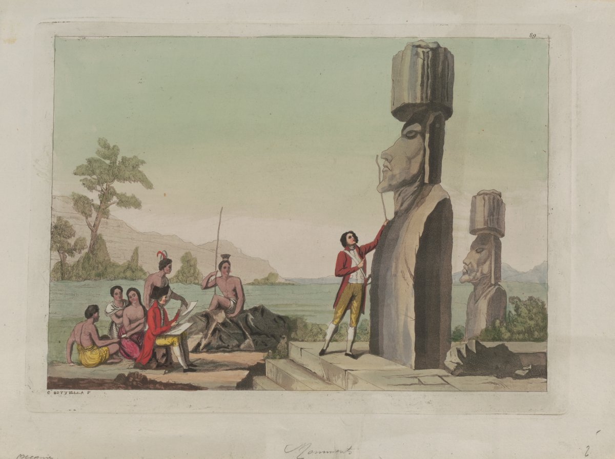 An image of two large statues (moai) standing on the shores of a lake or bay. Two men of European descent are drawing and measuring the statues. Five Polynesian people, two women and three men, sit around end of the water. One man is holding a spear or long stick. Behind them are large trees and mountains.