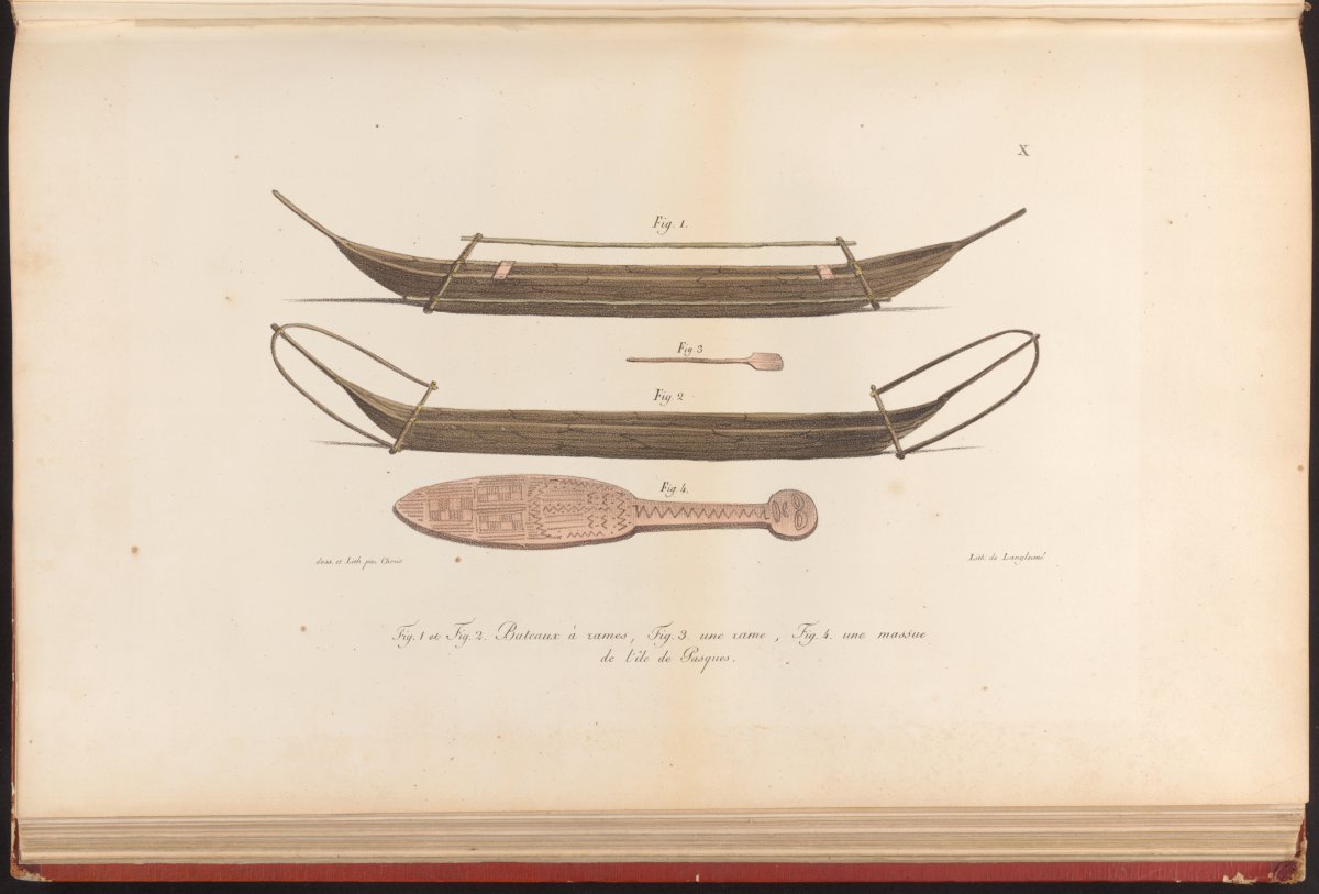 A watercolour image of two canoes and two types of oars/paddles